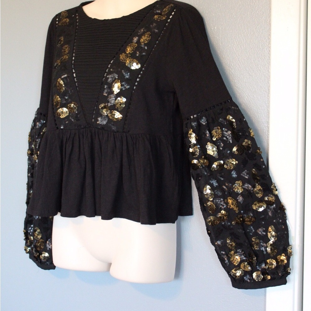 Anthropologie Neale Sequined Peplum Black Jersey Top XS